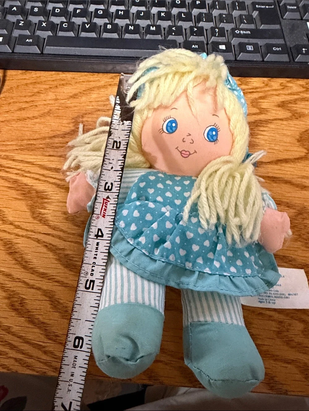 Blue Heart-Print Plush vintage  Rag Doll for Kids - Soft Cuddly Toy
